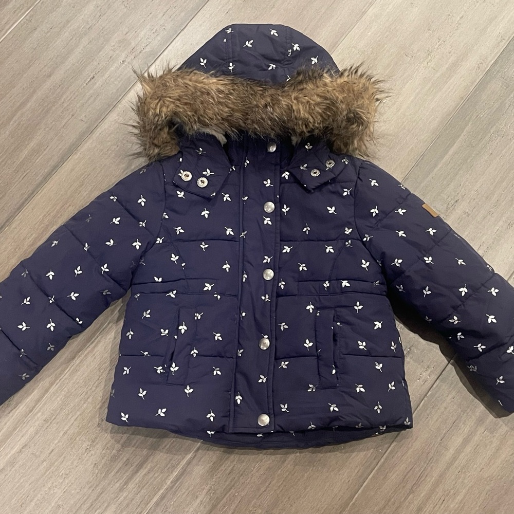 JOULES STELLA TODDLER GIRLS FAUX FUR HOODED LINED PUFFER JACKET COAT NAVY SZ 3T